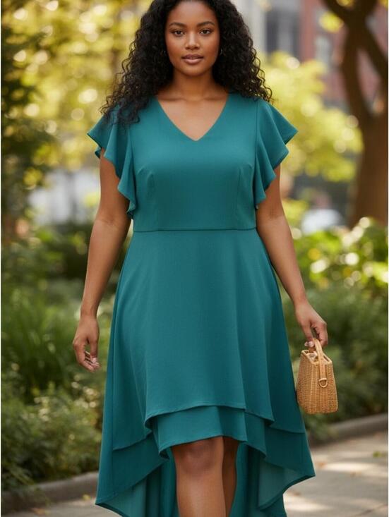 Dress Tells Dresses & Skirts - V-Neck Teal High-Low Dress with Flutter Sleeves
